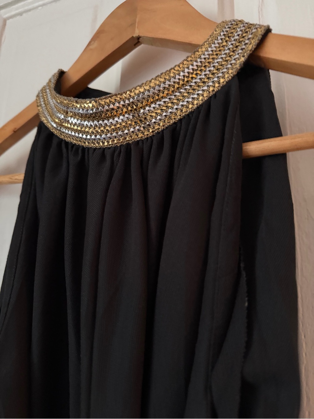 Vintage Black Dress with Gold & Silver Metallic Accent Neckline & Grecian style